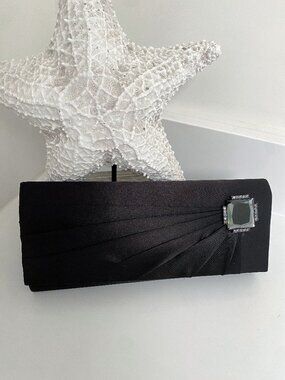 Black Satin Clutch Wallet Rhinestone Detail Evening Formal